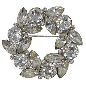 Vintage Eisenberg Rhinestone Wreath Brooch Signed Silver Tone